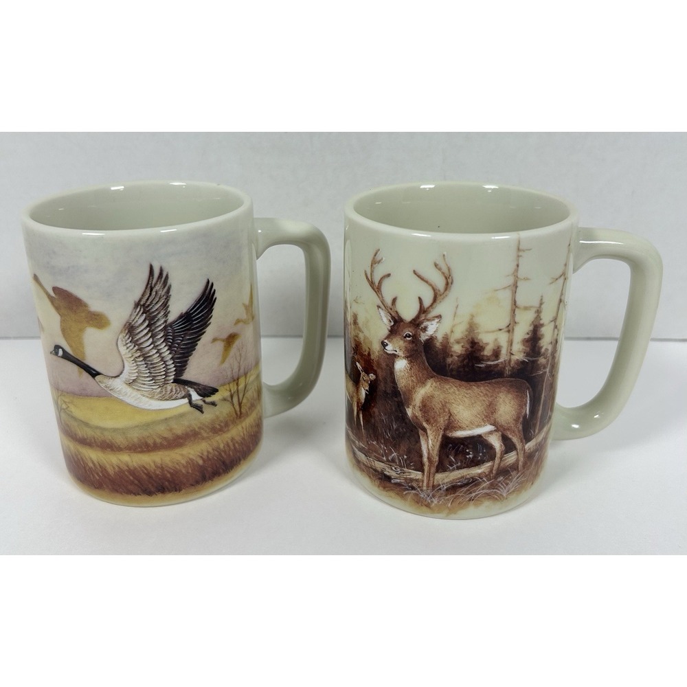 VTG Otagiri Japan Coffee Mug Set Buck Forest Fall Flying Duck Geese-RARE